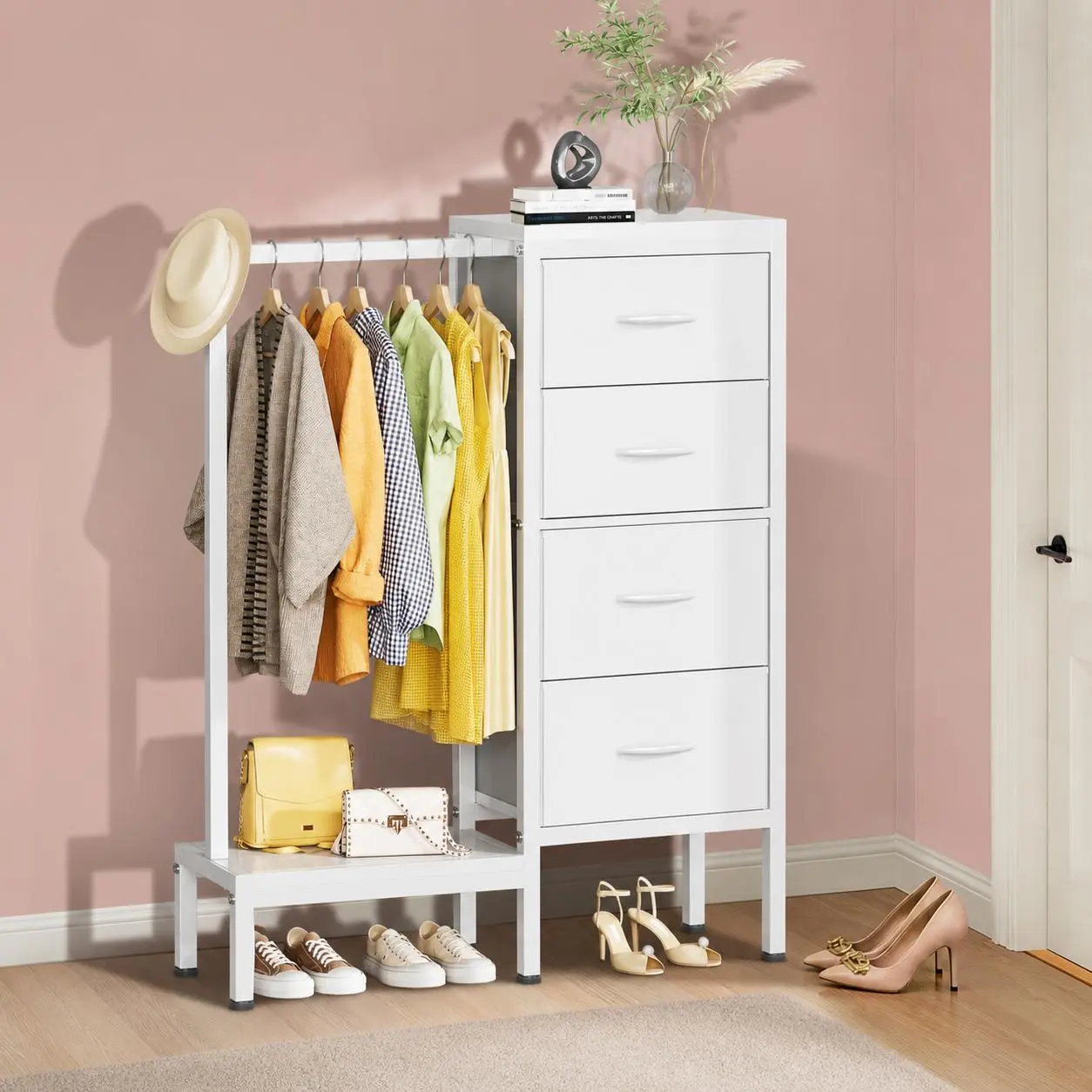 Dresser with Hanging Rack, 4 Drawers Small Closet for Bedroom, Reversible Fabric Chest of Drawers with Clothes Rack, Tall Storage Tower, Sturdy Frame