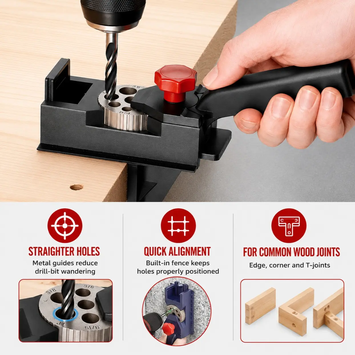 Handheld Woodworking Dowel Jig, Adjustable 3-12mm Hole Size, Portable Multi-Function Tool, Ideal for DIY Enthusiasts and Woodworkers