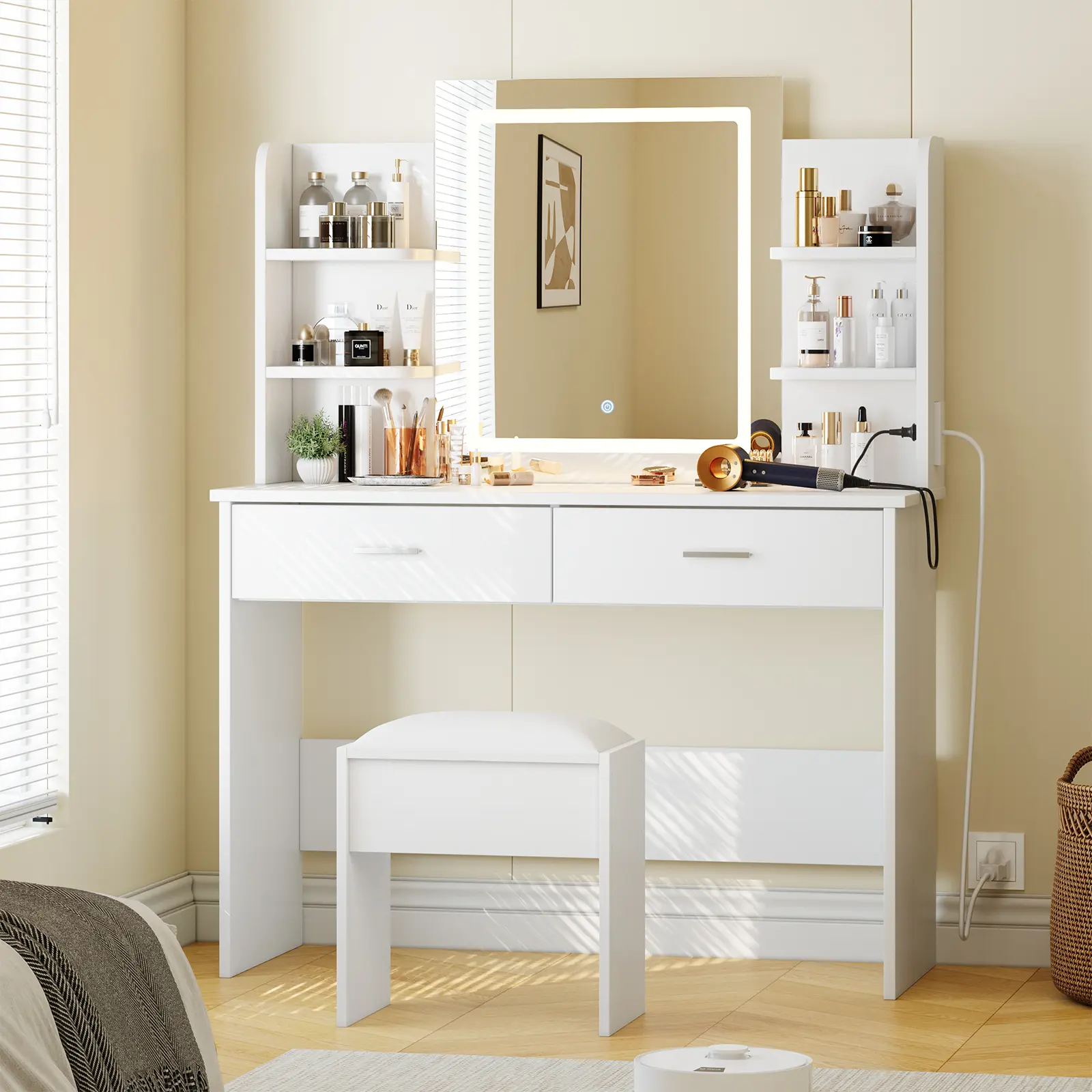 Vanity Desk with Mirror and Lights, Makeup Vanity Desk with Charging Station, 6 Storage Shelves, 2 Large Drawers, Storage Stool, 3 Colour Modes, Adjustable Brightness