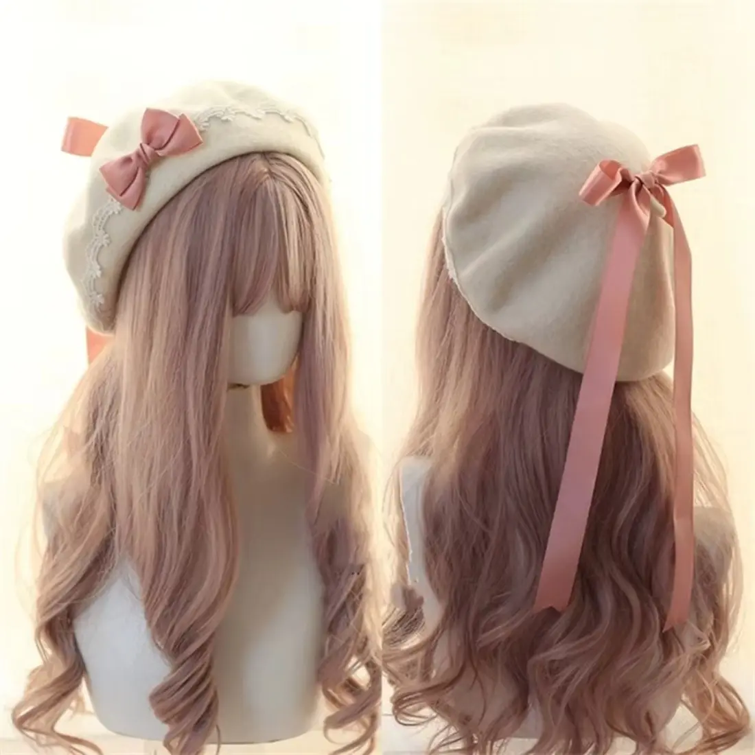 Women’s Lolita Beret Hat, Cute  Kawaii Style Wool Beret with Elegant Lace Bow Decoration, Vintage Artist Cap Fashion Accessory, Trendy Y2K Coquette Hat for Winter Outfits, School Style, Party, Photoshoot & Gift for Her