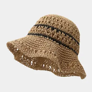 Crochet Straw Bucket Hat Wide Brim Panama Sun Cap Hollow Out Knitted Packable Foldable Stripe For Women Girls Summer Beach Travel Vacation Pool Party Outdoors