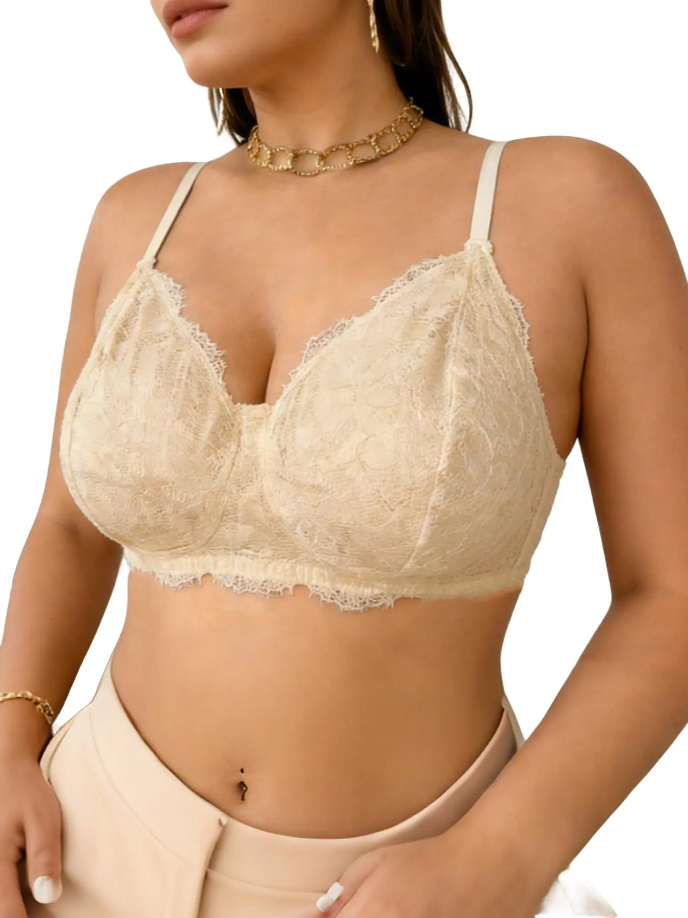 Luxurious Lace Bra for Plus Size, Wireless Thin Straps, Medium Support, Backless Design, Comfortable Breathable, All Seasons, 3 Colors Available