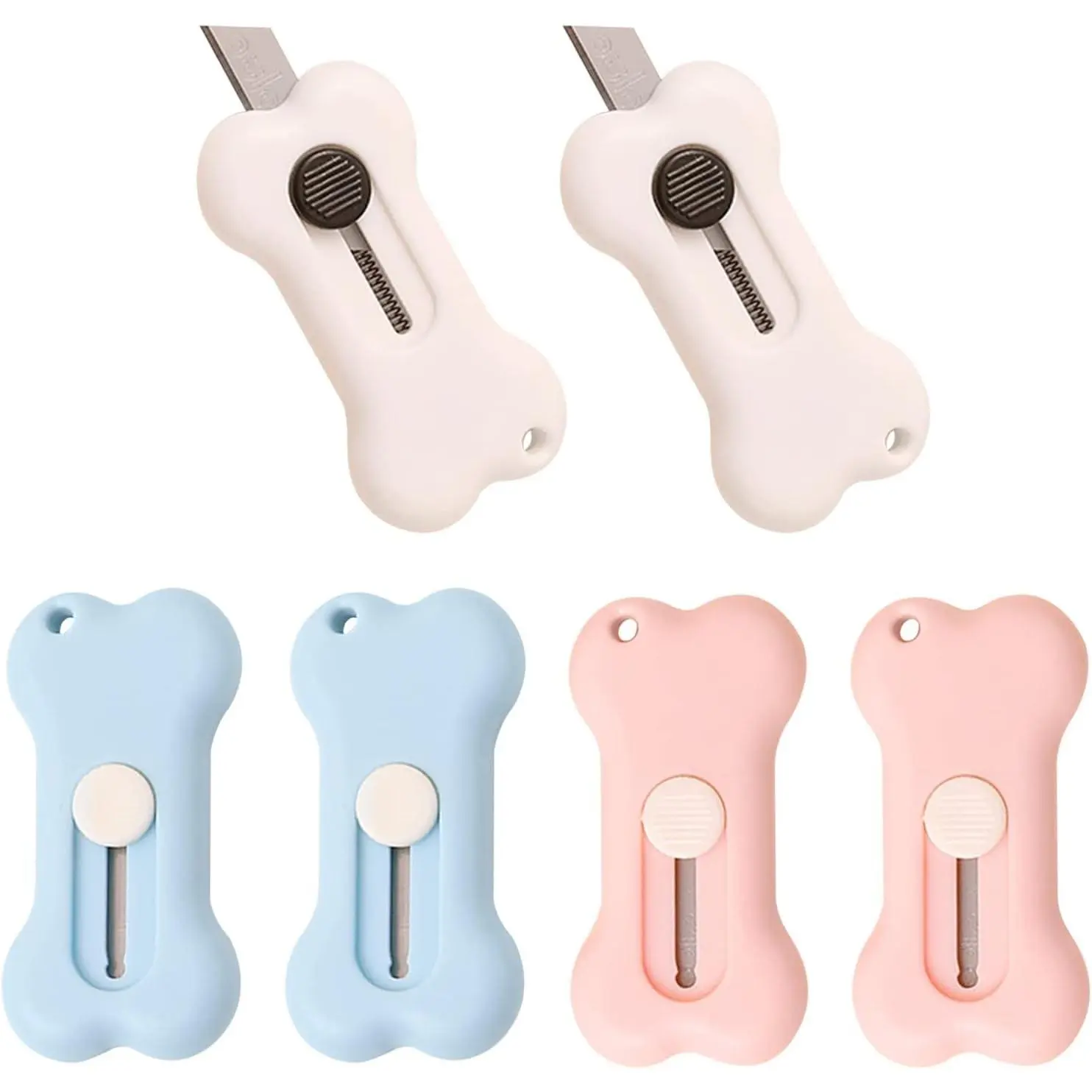 6Pcs Retractable Mini Utility Knife Bones Shaped Box Cutter Cute Letter Opener Paper Envelope Cutter with Keychain Hole