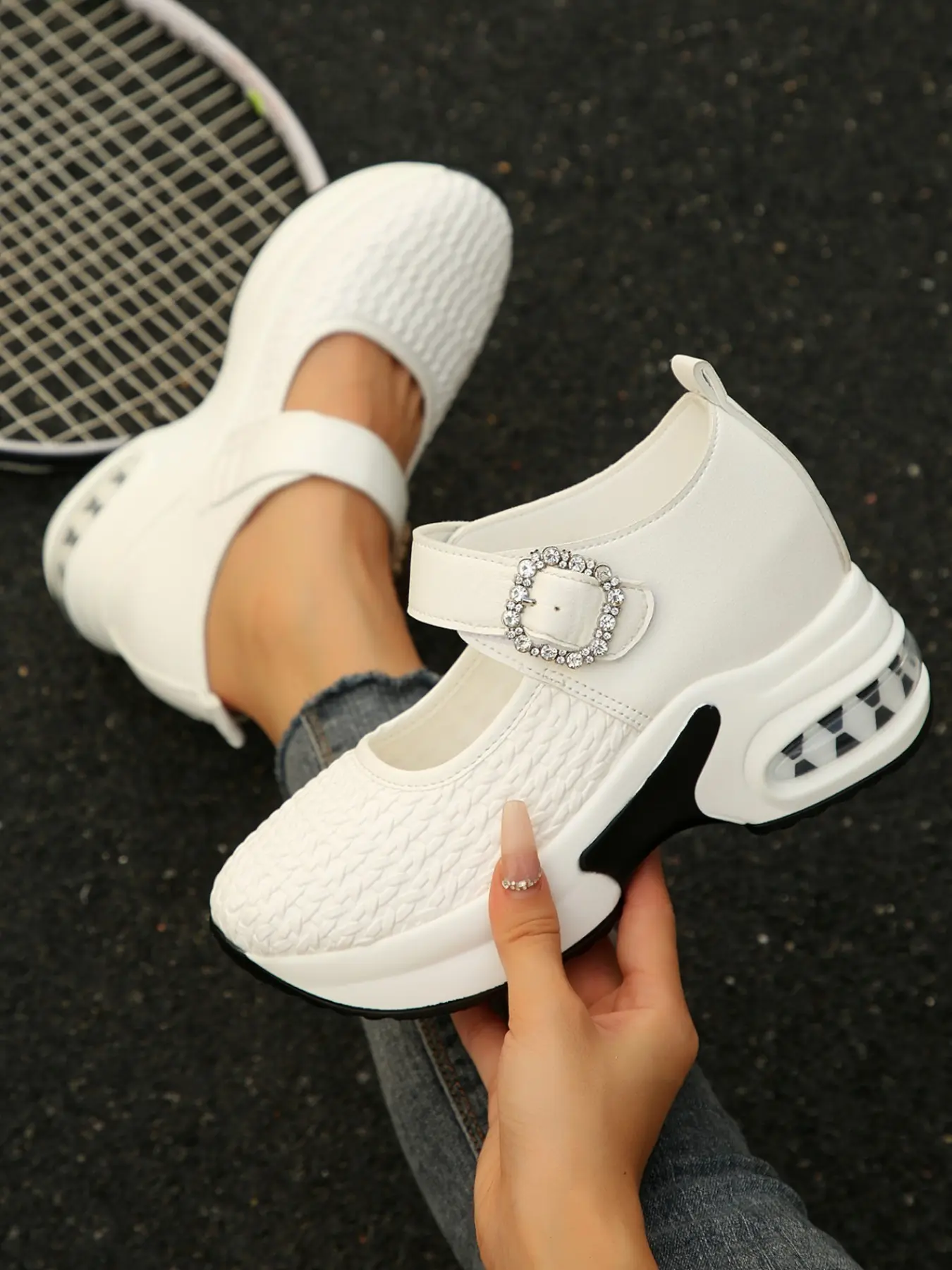 Women's Rhinestone Mary Jane Shoes, Hollow Out Breathable Cushion Thick Sole Wedge, Casual Shake Shoes for Commute Travel, Versatile Platform Sandals
