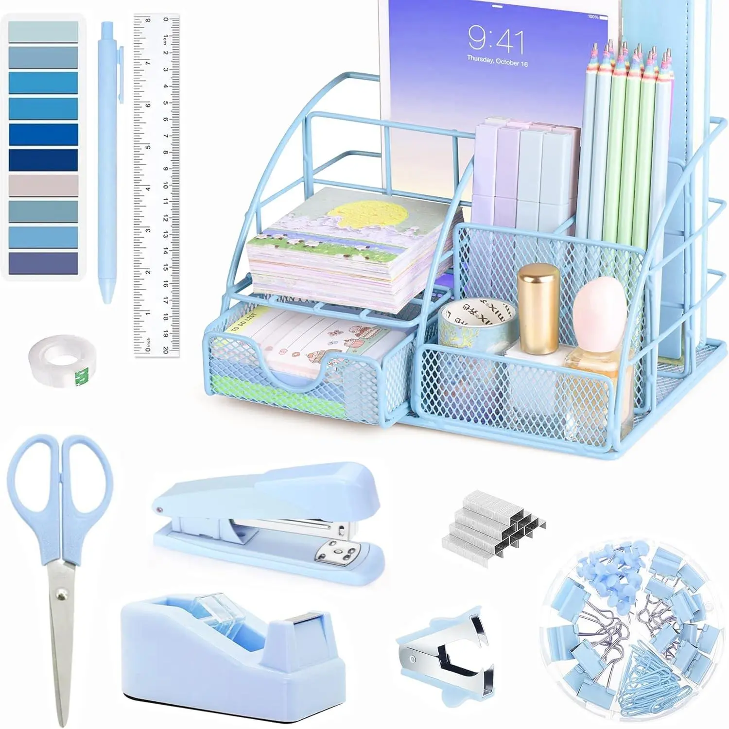 Blue Office Desk Accessories Supplies, 10pcs Desk Organizers and Accessories with Tape Dispenser and Stapler,Staples,Scissor,Ruler,Sticky Tabs,Tape,Ballpoint Pen,Clips Set