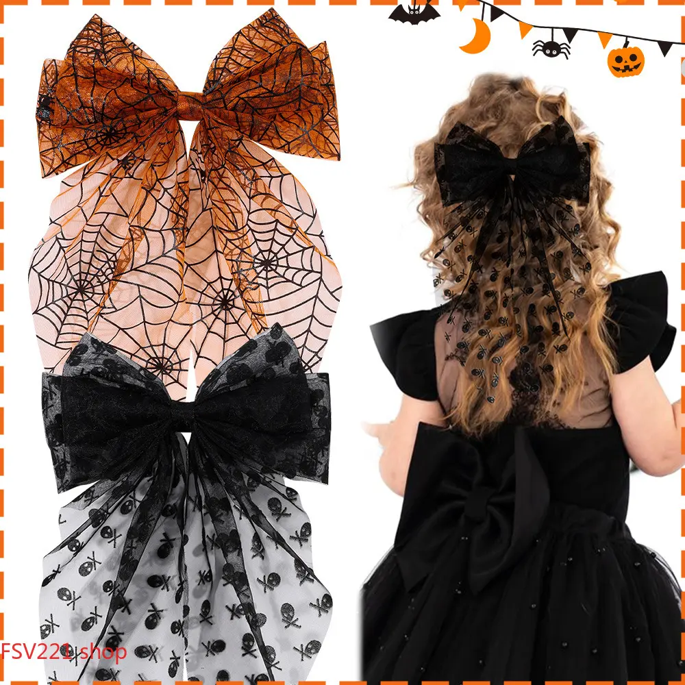 Whimsical Lace Bow – Halloween Spiderweb Lace Bow Hair Clip; Gothic-style hair accessory suitable for both children and adults; Halloween-themed spiderweb-design hair clip. campingessentials