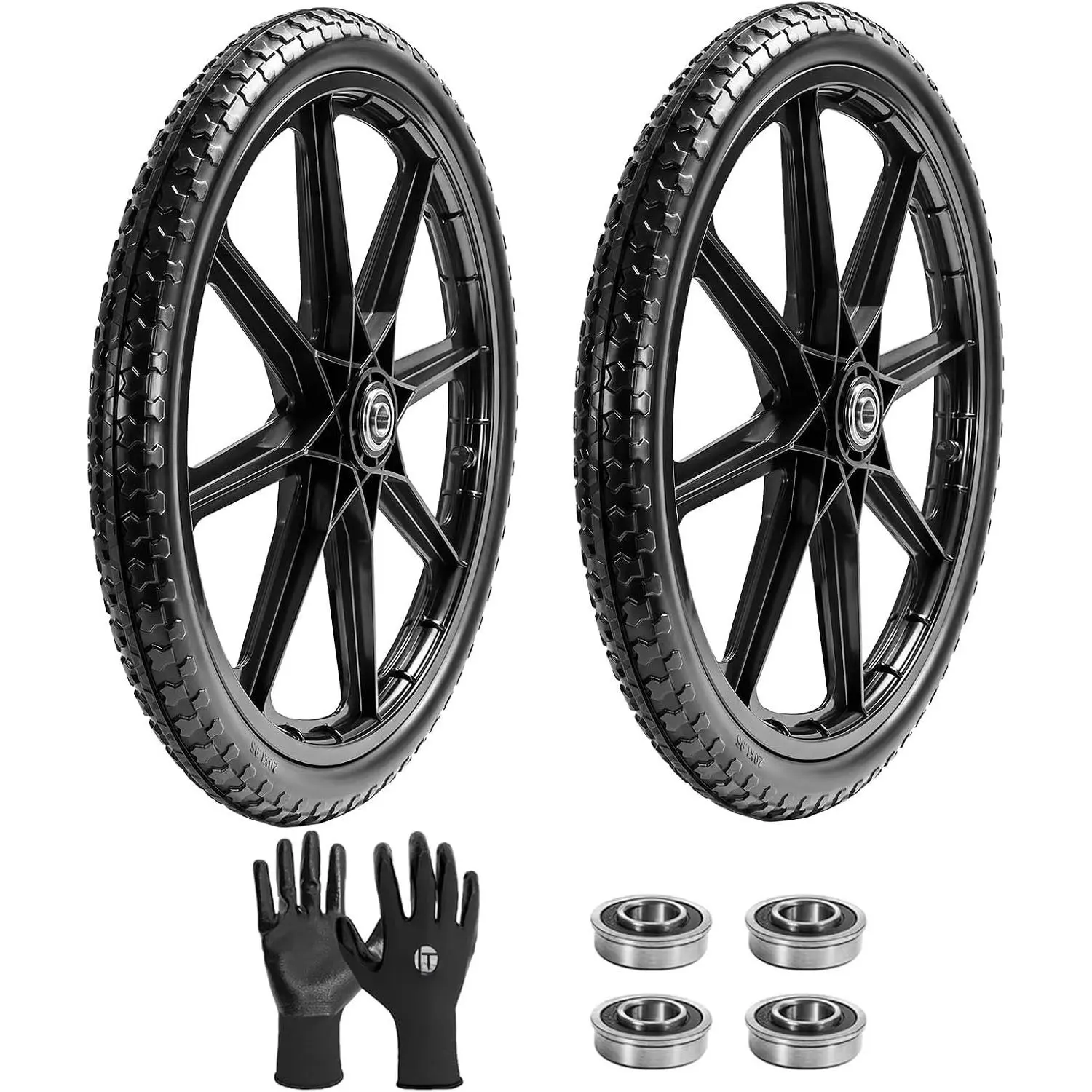 (2-Pack) 20" Flat Free Cart Wheels, 20x2 Solid Rubber Wheels for  Garden Carts, 3/4" & 5/8" Bearing, 2.5" Hub Length, Black