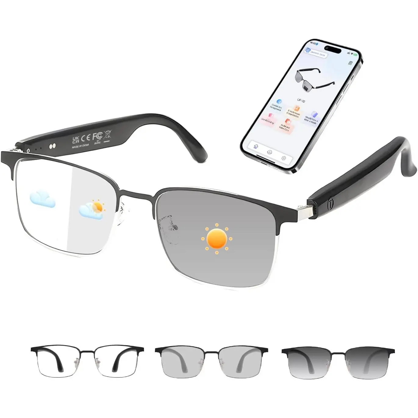 Glasses with ChatGPT, Bluetooth Glasses for Women & Men, Free App, Translation Glasses with 164 Languages, Photochromic Lenses, Sunglasses with Speakers, Travel/Work (Silver)