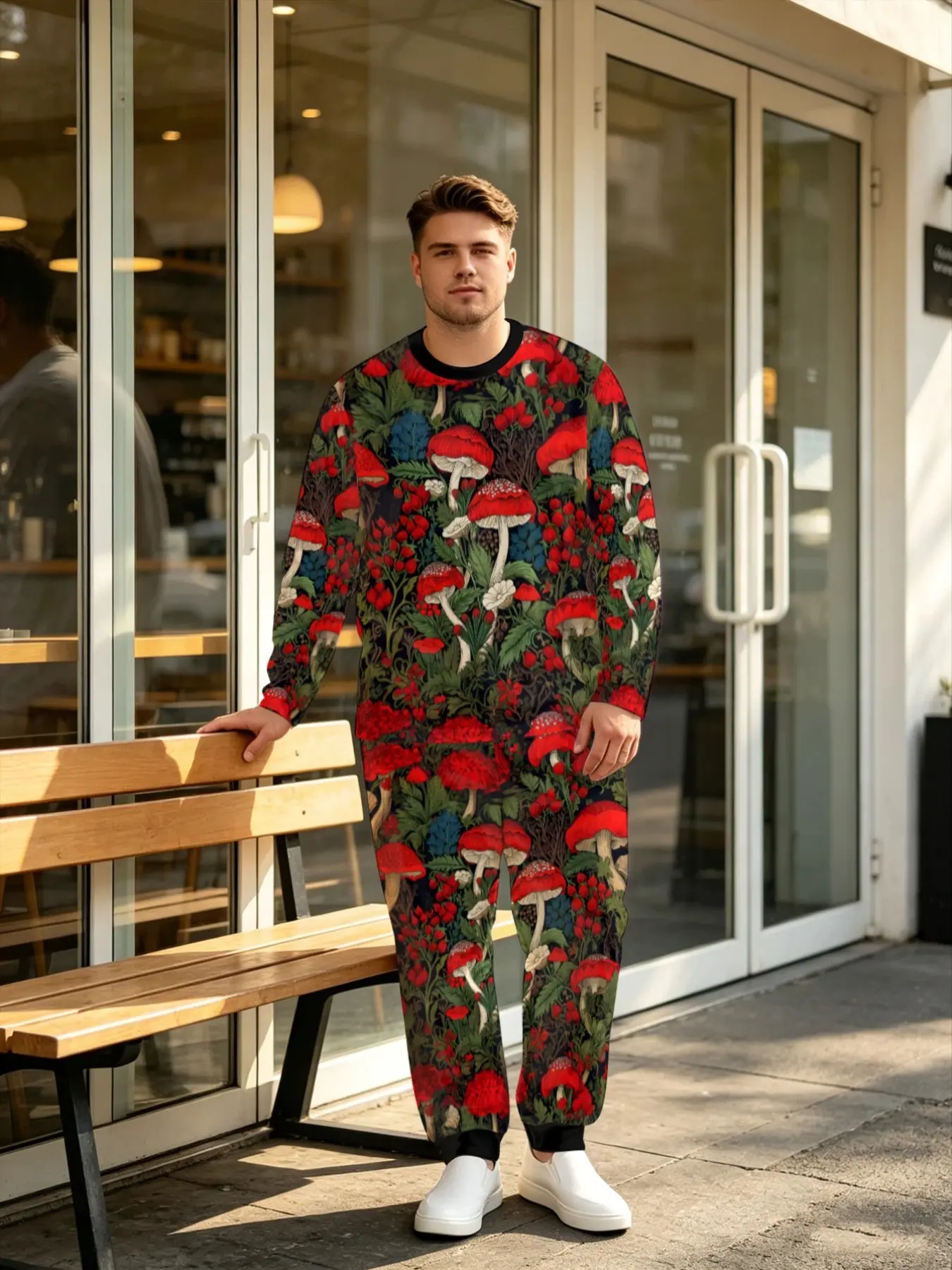 Men's Vintage Forest Mushroom Two-Piece Set, Mushroom Floral All-Over Print Long Sleeve T-Shirt and Ankle Pants, Casual Fitted Suit