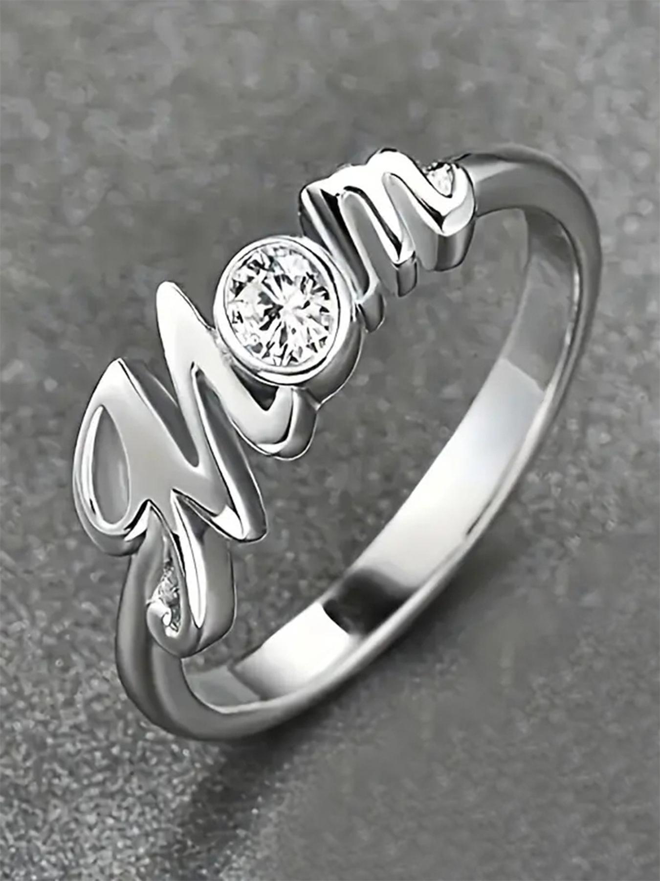 925 Sterling Silver Fashion Mom Letter Design Ring, Rhinestone Decor Ring for Women, Trendy All-match & Exquisite Jewelry for Birthday Gift, Statement Rings