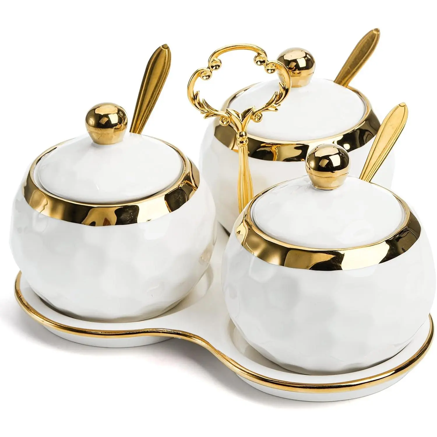 3-Piece Smooth Round Pottery Condiment Pots Set with Trays, Lids & Spoons - Porcelain Sugar Salt Spice Containers for Home Kitchen Counter Use