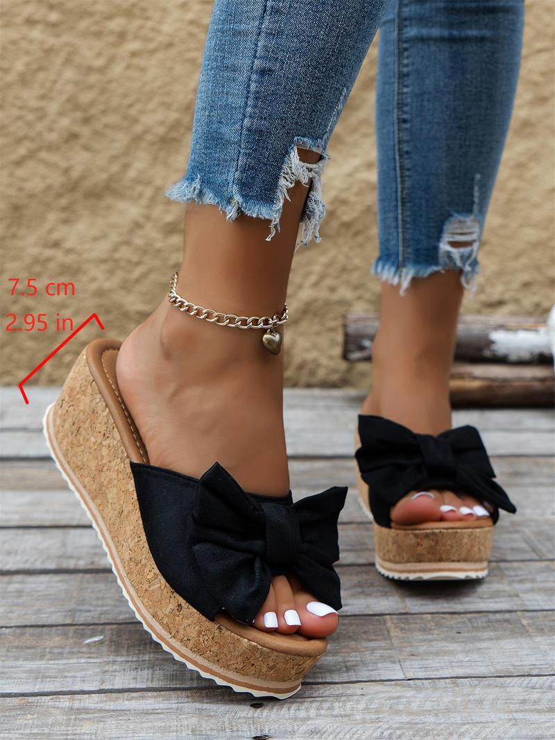 Women's Cute Bowknot Leopard Print Wedge Sandals, Casual Fashion Slip-On Wedges, Summer Trendy Shoes, Beach Daily Wear, Bow Decor Sandals