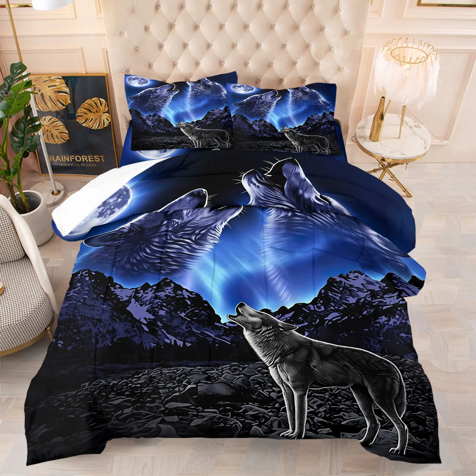 Moonlit Night Wolf Howl Theme Comforter Set-1 Quilt + 1-2 Coreless Pillowcases-Snowy Mountains Blue Aurora & A Lone Wolf Howling at the Sky-Comfortable Warm Bedding-Wild Dark Nature Style Bedroom Decor