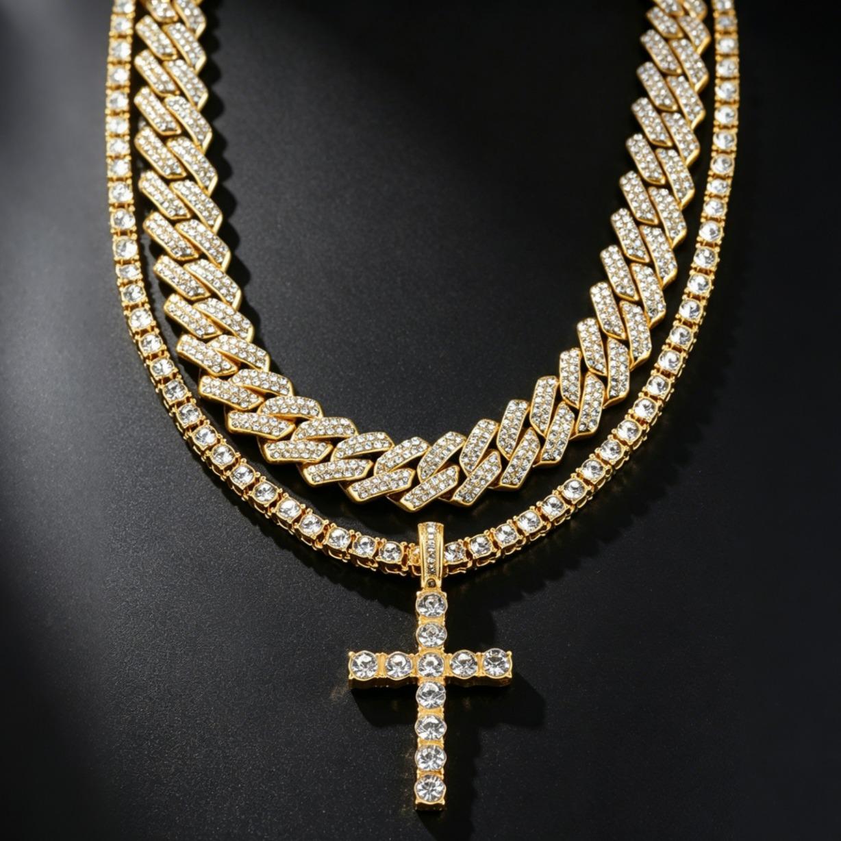 Luxury 2PCS 14mm Iced Out Cuban Chain Necklace & Cross Tennis Chain Moissanite with Certificate Hip Hop Double Row Layered Jewelry Couple Gift for Men Women