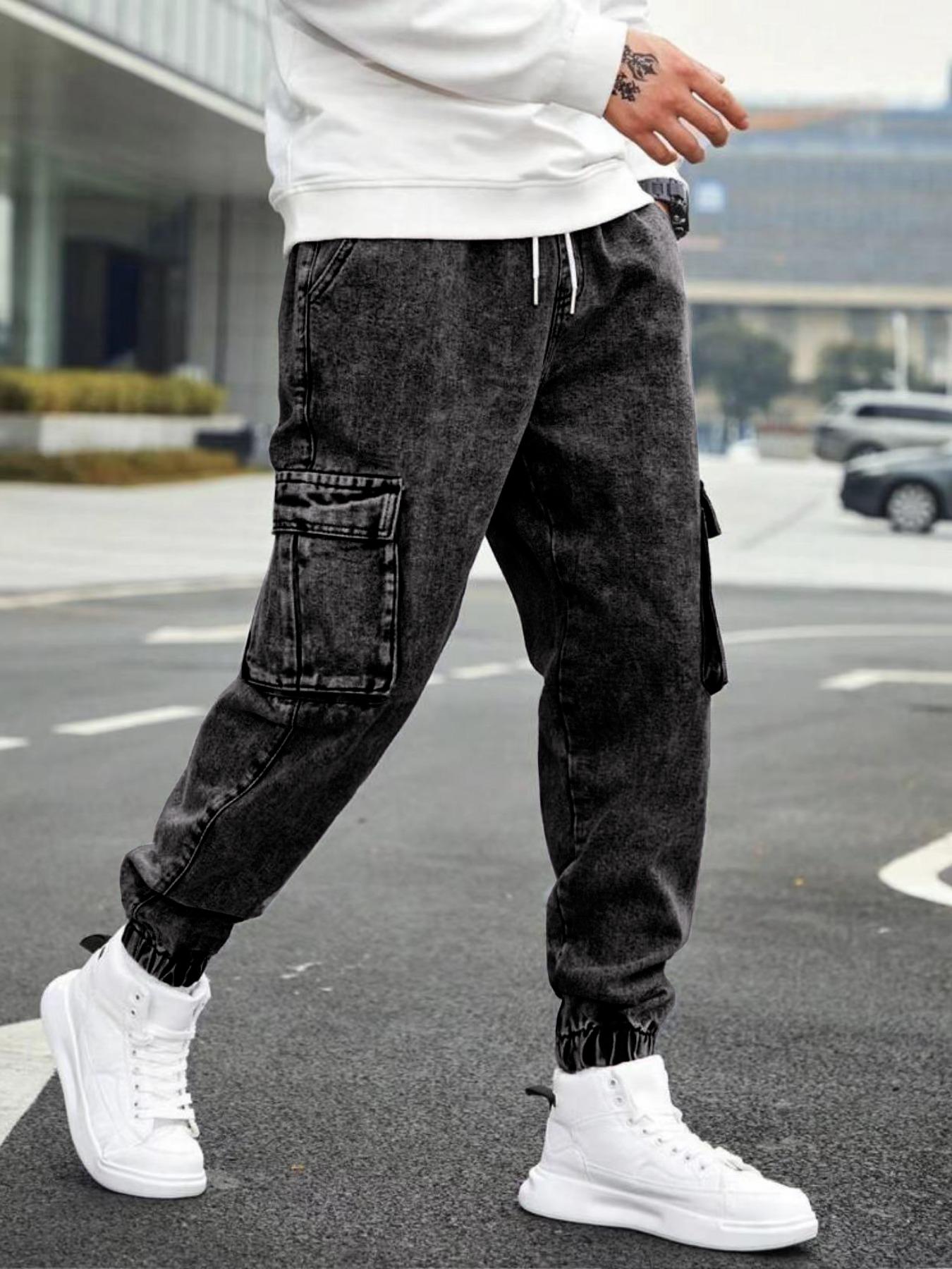 Men's Solid Flap-Pocket Cargo Jeans, Regular Fit Street Fashion Denim Trousers for Daily Wear, Men's Bottoms for All Seasons