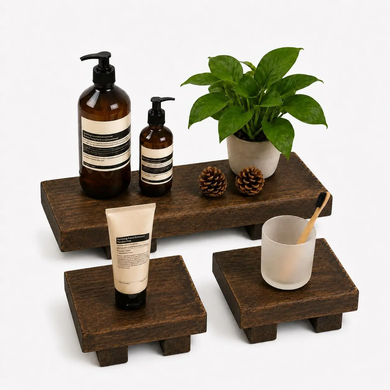 Klunk 3-Piece Waterproof Wood Riser Set, Rustic Farmhouse Countertop Organizer, 1 Large 8.7" & 2 Small 3.6" Display Stand for Bathroom Vanity, Perfume, Skincare & Kitchen Spices (Carbonized Rustic)