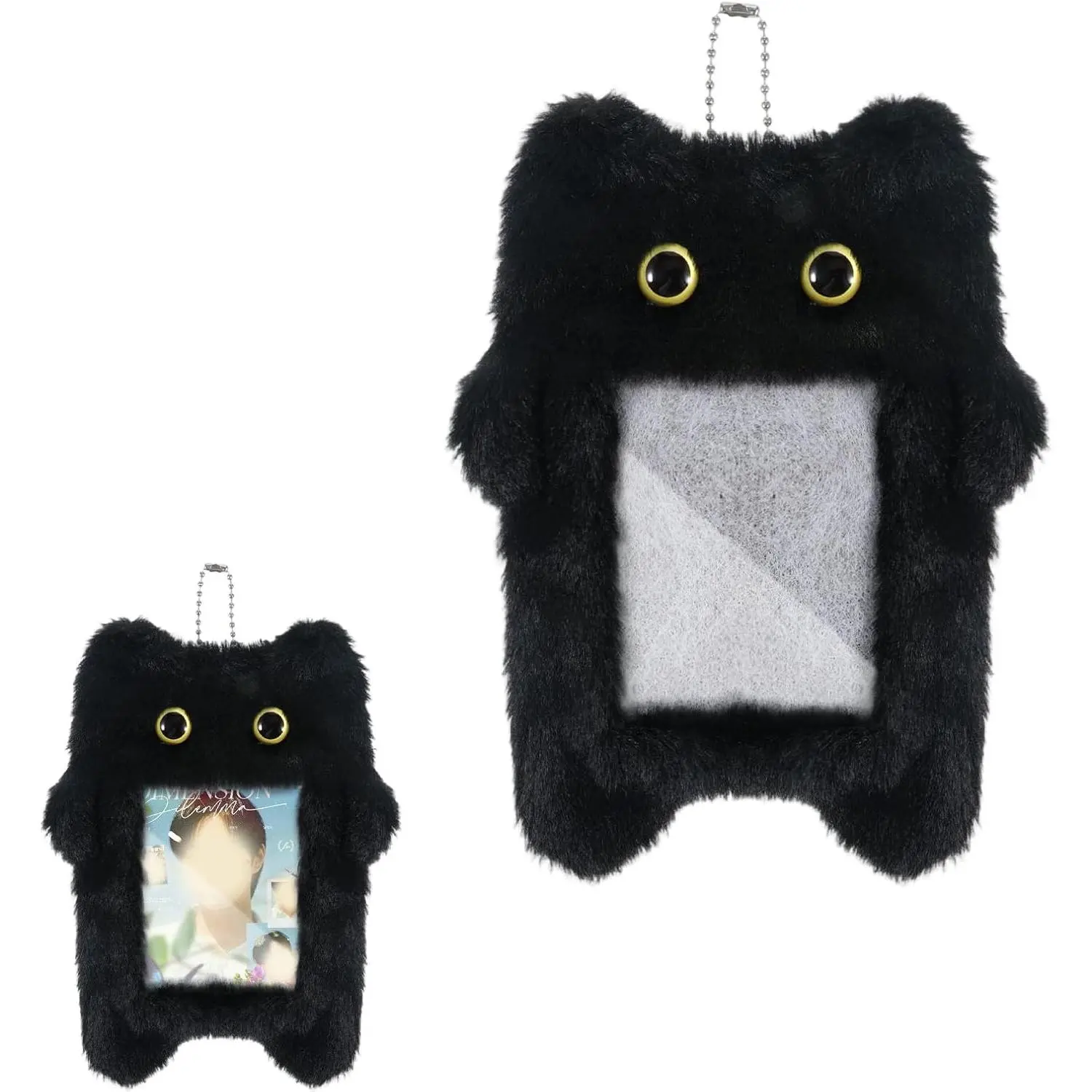 Black Cartoon Plush Photocard Holder Keychain, Cute Cartoon Cat Photo Card Holder Keychain, Soft Plush Photo Card Holder for ID Card Cover Photo Protective Bag Pendant Decor