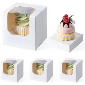 28PCS Cupcake Boxes, Individual Cupcake Containers with Window, Food Grade Cupcake Holders Carrier with Inserts, Stackable Deep Cake Box for Birthday Holiday Party Bakery Supplies (White)