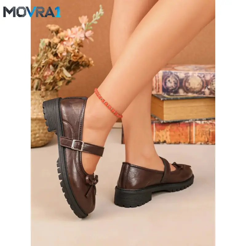 Women's MOVRA1 Plain Thick-Sole Mary Loafer Flats, Bow Detail Strap Design, Chunky Heel, College-Casual Office Shoes