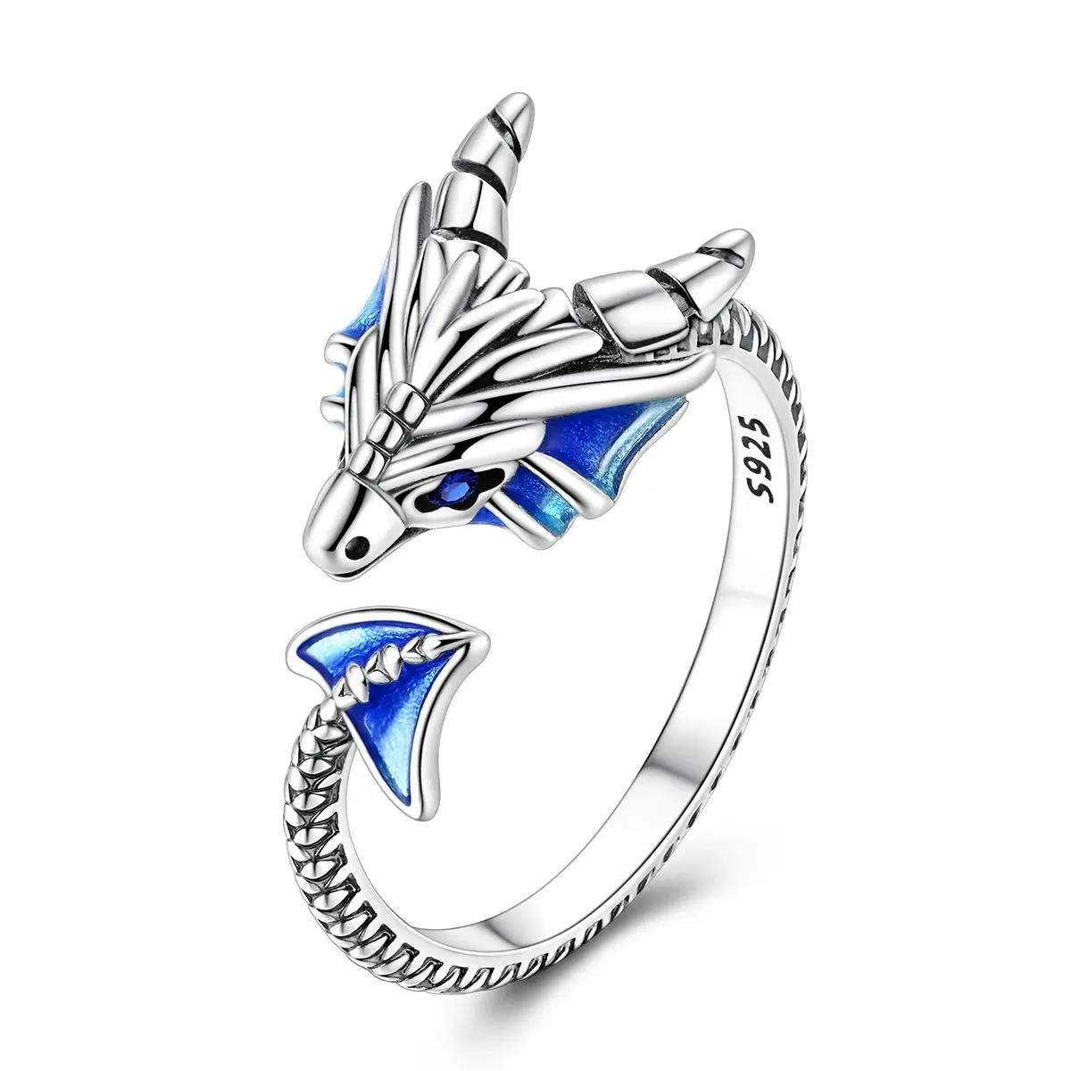Gothic Dragon Ring in S925 Sterling Silver for Men, Punk Animal Band with 3D Scales and Blue Enamel, Adjustable Hypoallergenic Jewelry for Boys and Teens, Animals