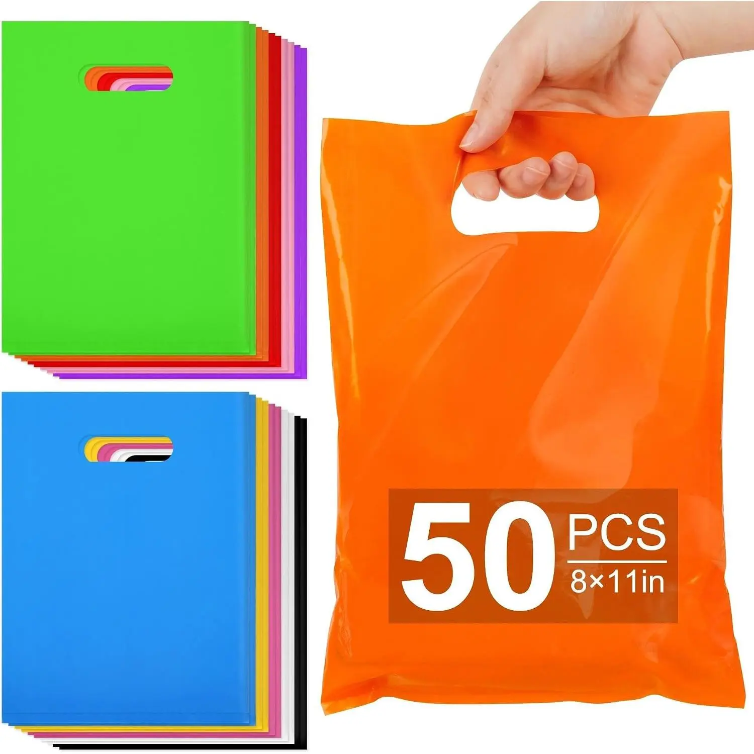 50 count Party Favor Bags, 8" x 11" Goodie Bag for Candy  Crafts, Plastic  Bags Bulk with Handle for Birthday Party, School Events, Thanksgiving, Christmas, Halloween, 10 Colors