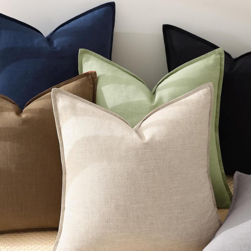 Spring Decorative Linen Throw   20x20 Inch Set of 2 Natural Beige   with Flange Edges Soft Farmhouse Boho Accent  Cases for Couch Bed Living Room Pillow Covers