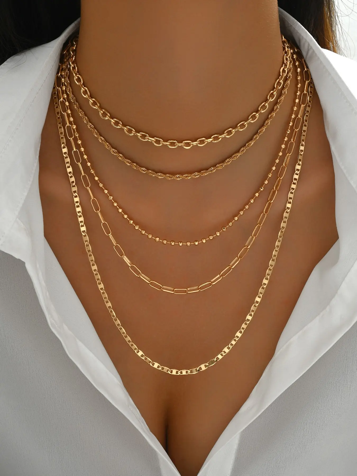 5-Piece Necklace Set, Simple Braided Bead Chain, Layered Jewelry, Collarbone Chain, Ideal for Daily Wear and Parties