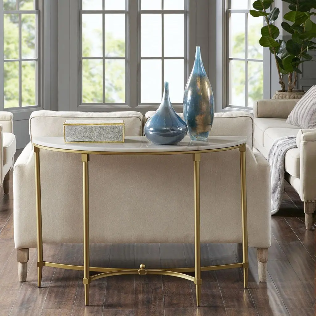 Modern Console Table with Storage Shelf, White Marble Top and Gold Metal Legs, Narrow Sofa Table for Living Room, Entryway, Hallway, and Home Office