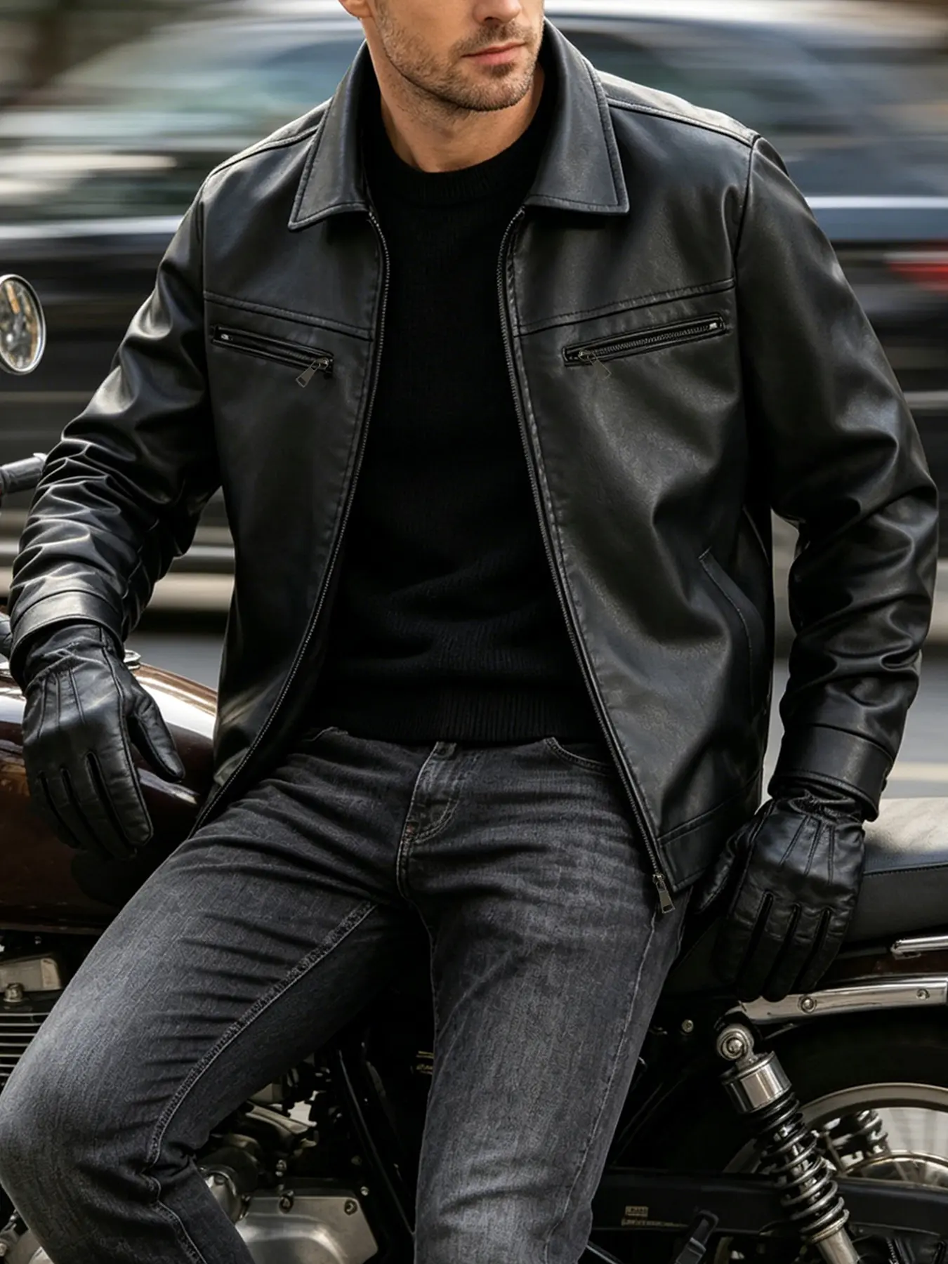 Men's Casual Lapel PU Leather Jacket, Zip Closure, Dual Chest Pockets, Slim-Fit, Long Sleeve, Spring & Fall Outerwear