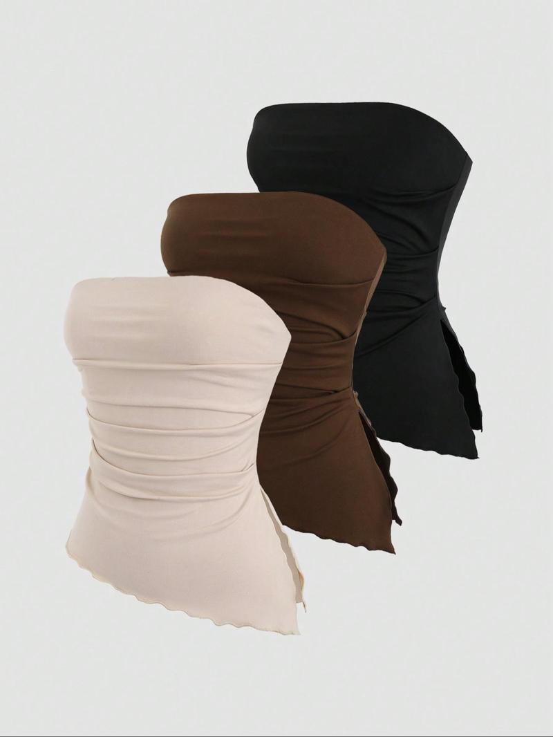 26 Valentine's Day 3pcs Autumn/Winter Bottom Women's Casual Fashion Sports Multi Color Ear Edge High Elasticity Topless Tank Top Three Piece Set