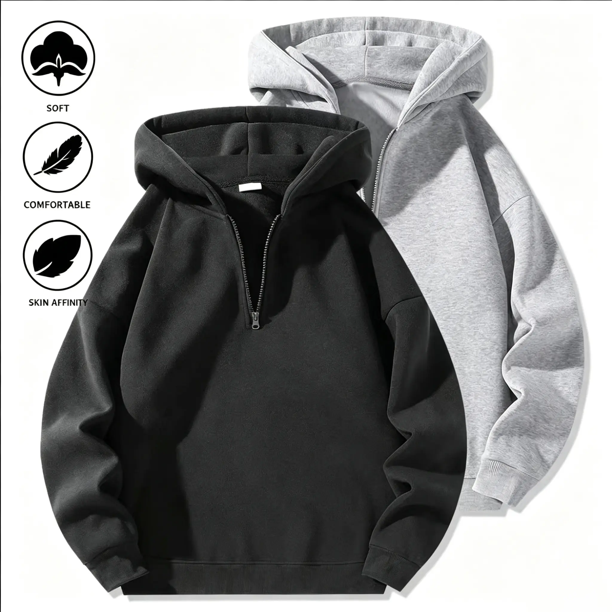 men half zip hoodie, drop shoulder pullover sweatshirt, solid color hooded top, fall winter casual menswear, regular fit long sleeve hoodie, everyday wardrobe staple, comfy streetwear hoody, plain half-zip sweatshirt