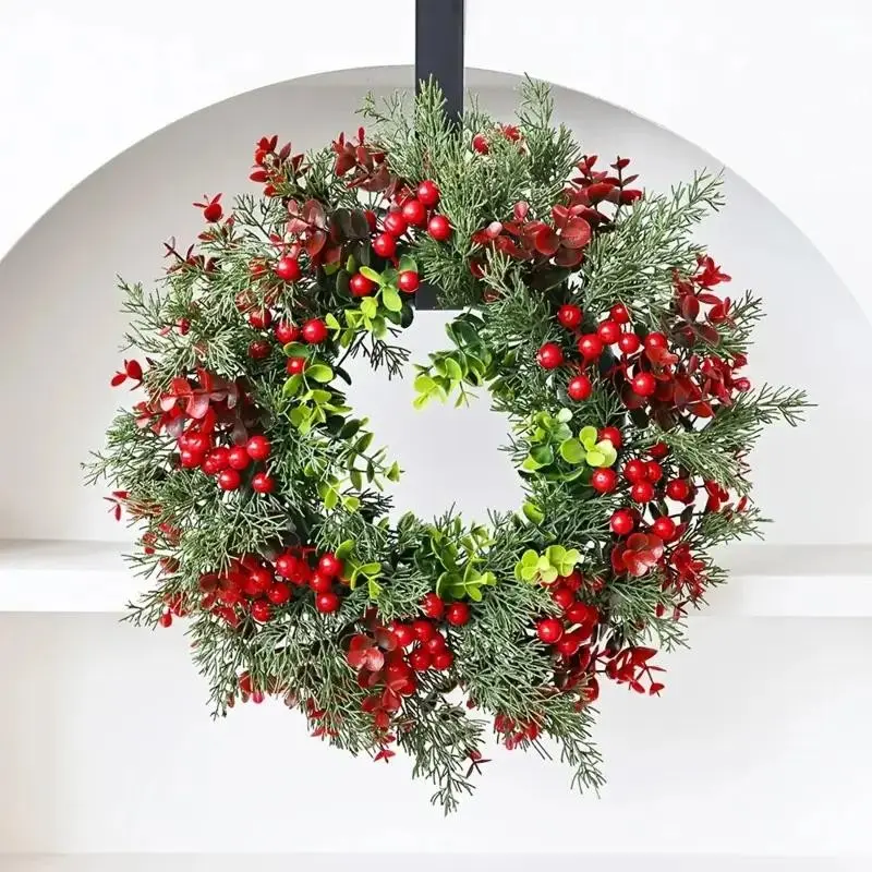 40cm Christmas Wreath with Berries, Artificial Eucalyptus Wreath, Indoor and Outdoor Decoration, Courtyard Front Door Wreath, Home Wall