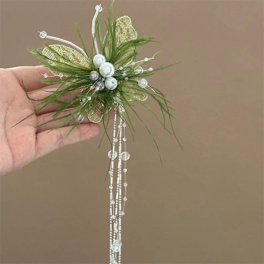 Ethereal Butterfly Pearl Tassel Hair Clip, Vintage Chinese Style Feather Side Clip, Luxury Elegant Hair Accessory