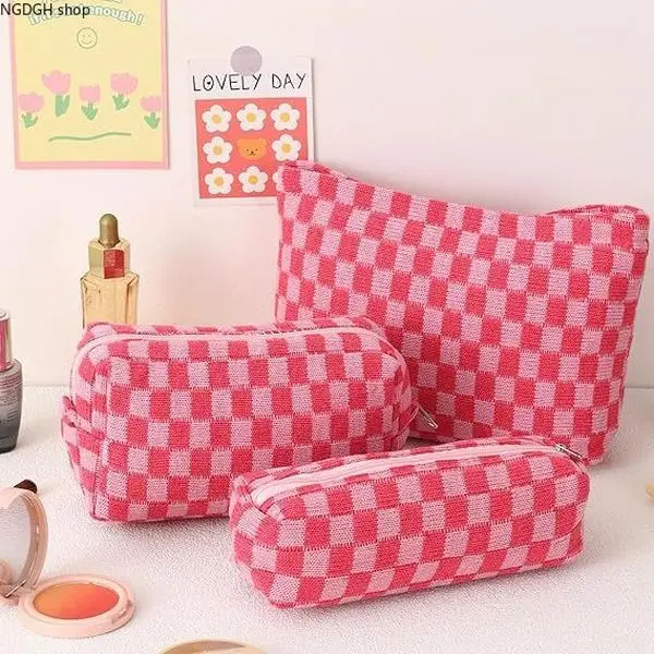 Makeup Pouch - Women’s Checkered Cosmetic Bag Soft Fabric Set for Daily Skincare Travel Style
