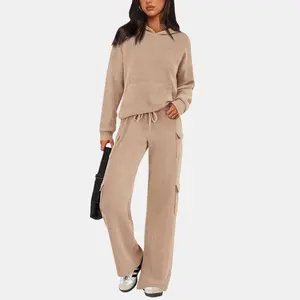 Women's 2 Piece Lounge Sets - Knitted Hoodie Pullover Tops Cargo Pants Tracksuits for Casual Active Versatile Outfits Clothes