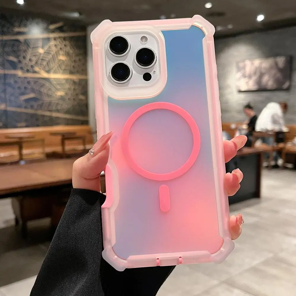 Luxury For Magsafe Laser Dazzling Armor Phone Case For iPhone 17 16 15 14 13 Pro Max Wireless Charging Dual Layer Protection Cover Smartphone Cellphone