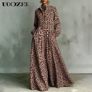 UOOZEE Women Lapel Collar Long Sleeve Leopard Print Maxi Dress, 100% Polyester Pleated Waist Button Front A Line Flowy Long Gown With Side Pockets, Loose Fit Casual Going Out Vacation Spring Summer Ladies Animal Print Shirt Dress
