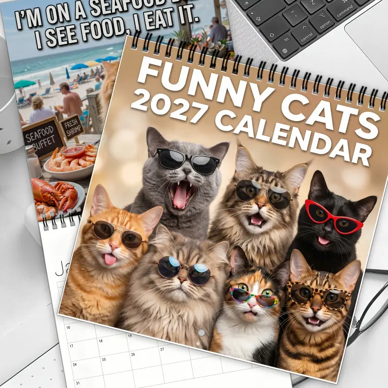 One 2027 Fun Cat Meme Calendar - A humorous cat-themed planner with daily phrases and monthly pages, suitable for home office decoration, cat lovers, adult gifts, and Father's Day/Christmas celebrations. Includes a monthly layout for annual planning.