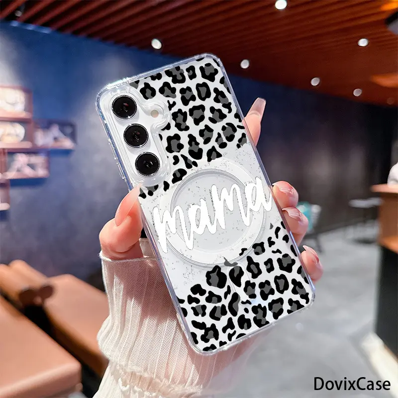 Leopard Print "Mama Text" Bold Cool And Wild. HD Clear Shockproof Transparent Acrylic Magnetic Printed Phone Case for Samsung Galaxy S26 S25 S24 S23 S22 S21 S20 Fe Plus Ultra Edge S10E A57 A56 A55 A54 A37 A36 A35 A34 A26 A25 A24 A23 A17 A16 A15 A14 A07