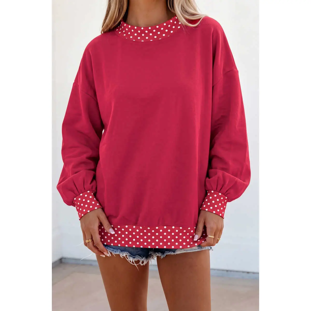 Women's Red Dahlia Colorblock Polka Dot Contrast Trim Oversized Long-Sleeve Sweatshirt, Casual Wear with Comfortable Fabric