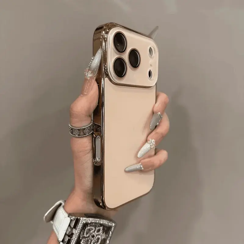 Matte Hard Shockproof Cellphone Casing with Plating Frame, Glass Lens Film Protection, Protective Accessories for iPhone 13 14 15 16 17 Pro Max Plus, 17 Air Devices, Screen Protector, Tpu Plastic