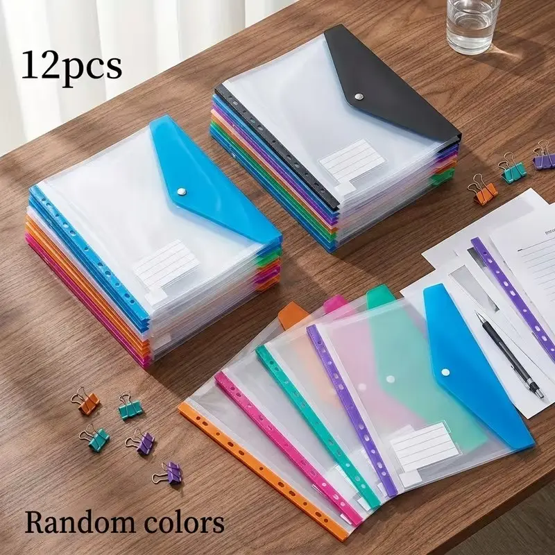 12-Pack A4 File Folders, Office Filing Folders, Plastic Document Organizers with Snap Closure and Label Holder, Random Colors, Ideal for School, Office, Home