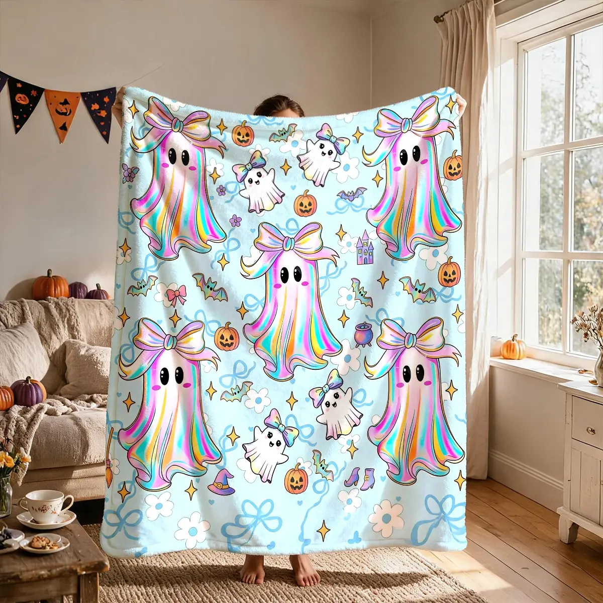 Rainbow Bow Ghost Pattern Flannel Blanket, Large Size, Soft and Lightweight, Perfect for All Seasons, Ideal for Bed, Sofa, Office, Camping, Travel