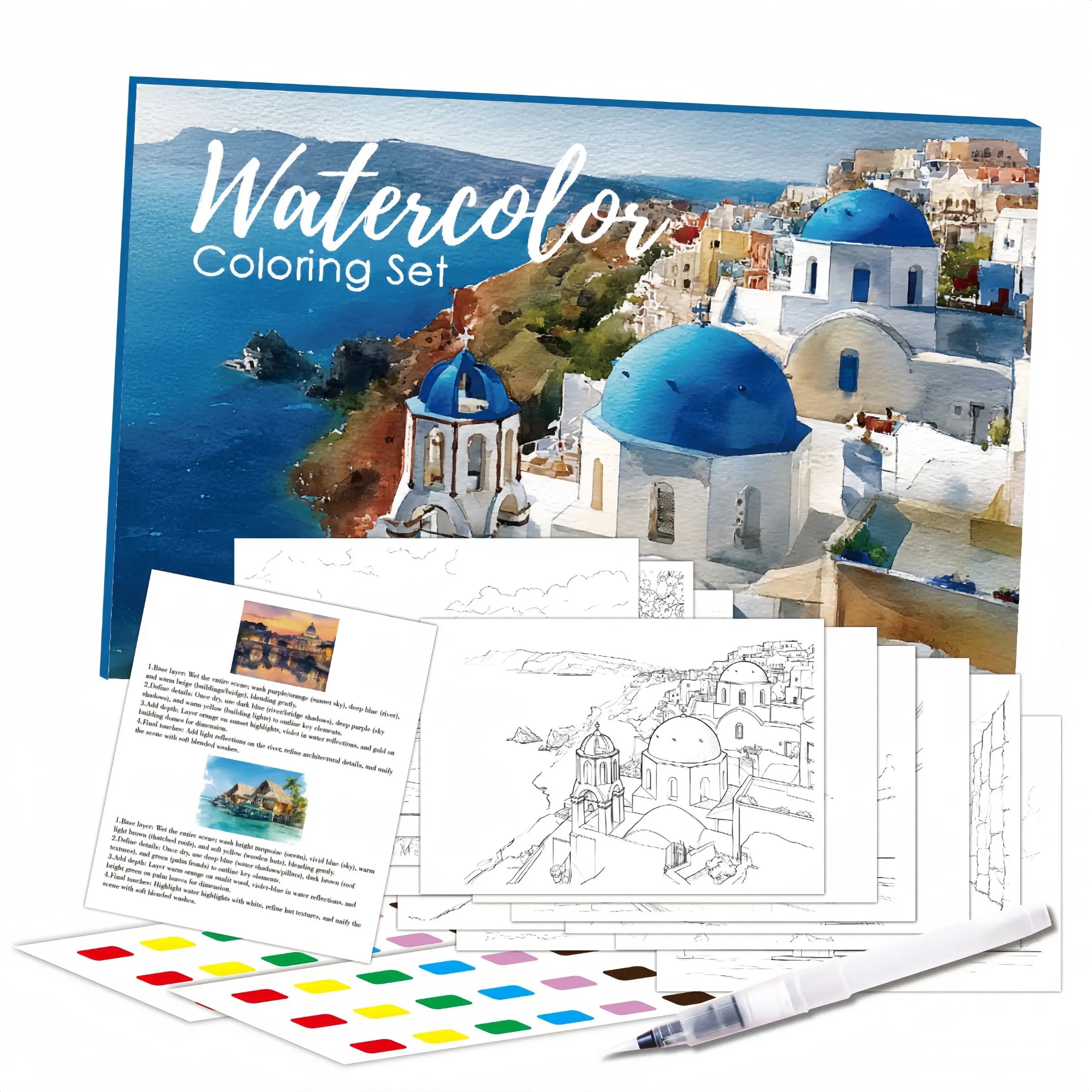 Travel Landscape Watercolor Coloring Set, Includes Paints and Brushes, Ideal for Beginners, Perfect Gift for Art Lovers