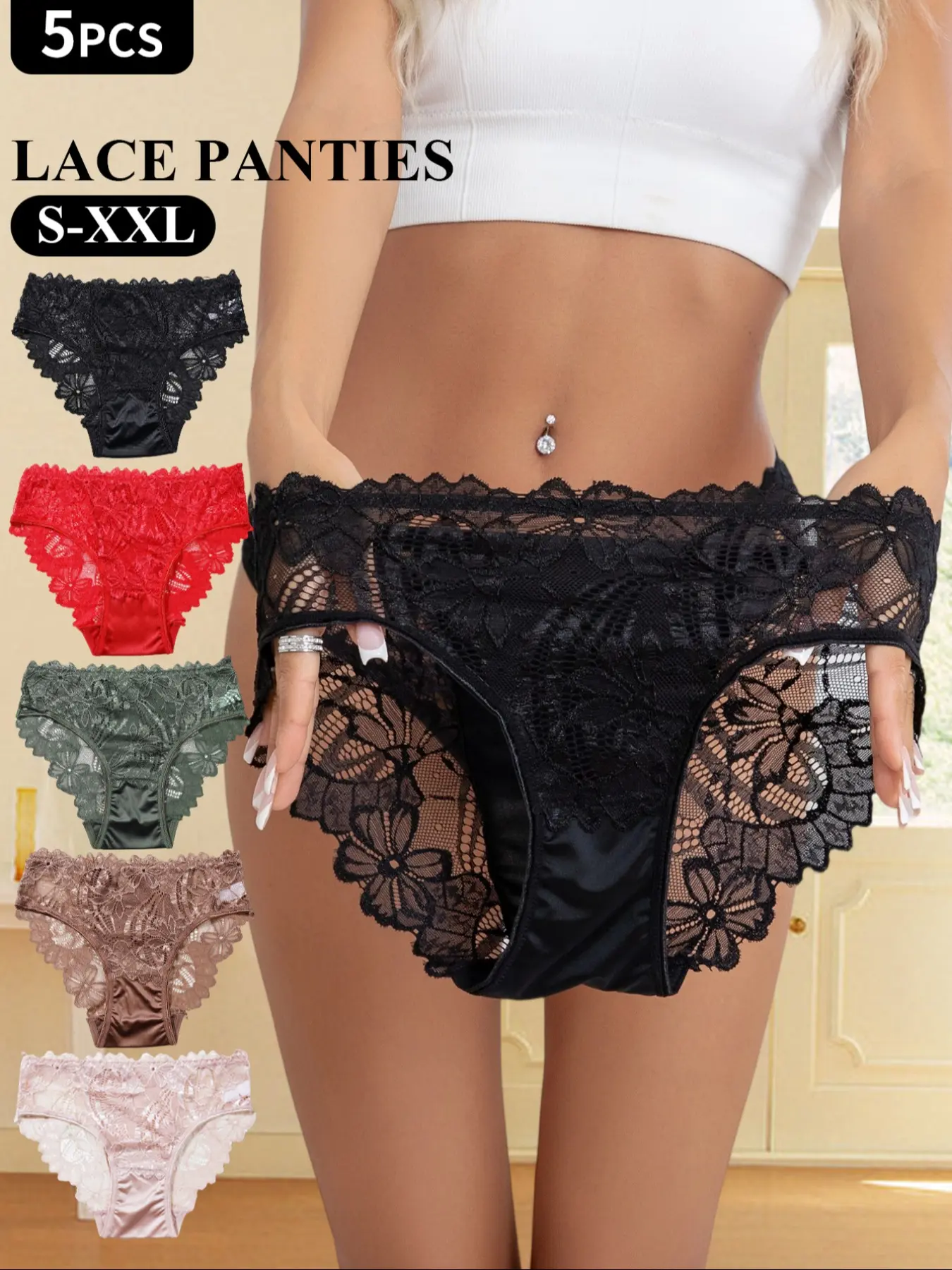 4/5/6-piece pack of sexy lace triangle panties for women, sizes S-XXL. Features include sheer floral lace, silky satin trim, and a pure, alluring style perfect for everyday wear or dates. Lace Fitted Panty