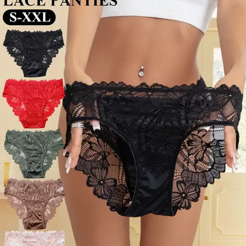 4/5/6-piece pack of sexy lace triangle panties for women, sizes S-XXL. Features include sheer floral lace, silky satin trim, and a pure, alluring style perfect for everyday wear or dates. Lacy panties