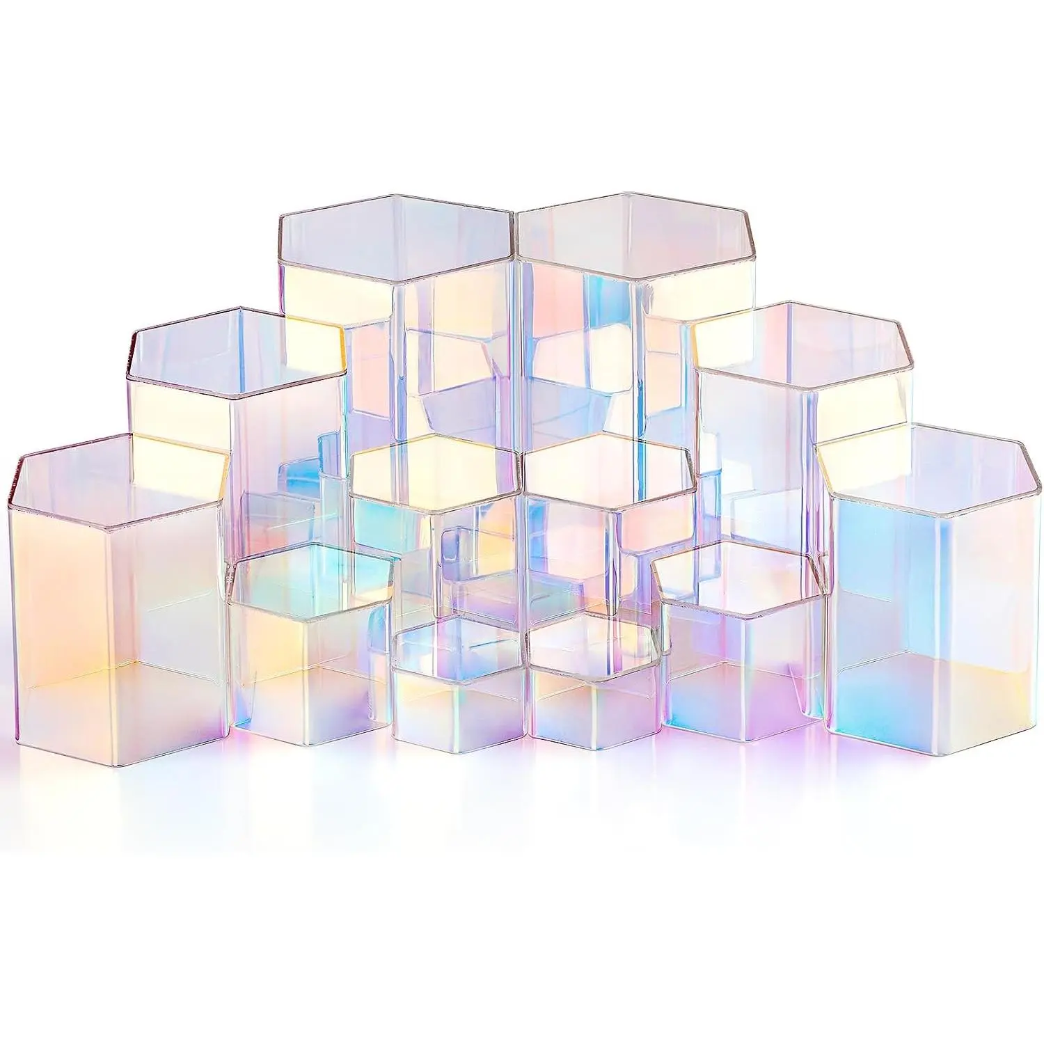 12 Pcs Hexagonal Jewelry Display Risers Hexagonal Market Display Risers Stands Acrylic Showcase Acrylic Stand for Jewelry Model Figures Decoration, 6 Sizes (Rainbow Color)