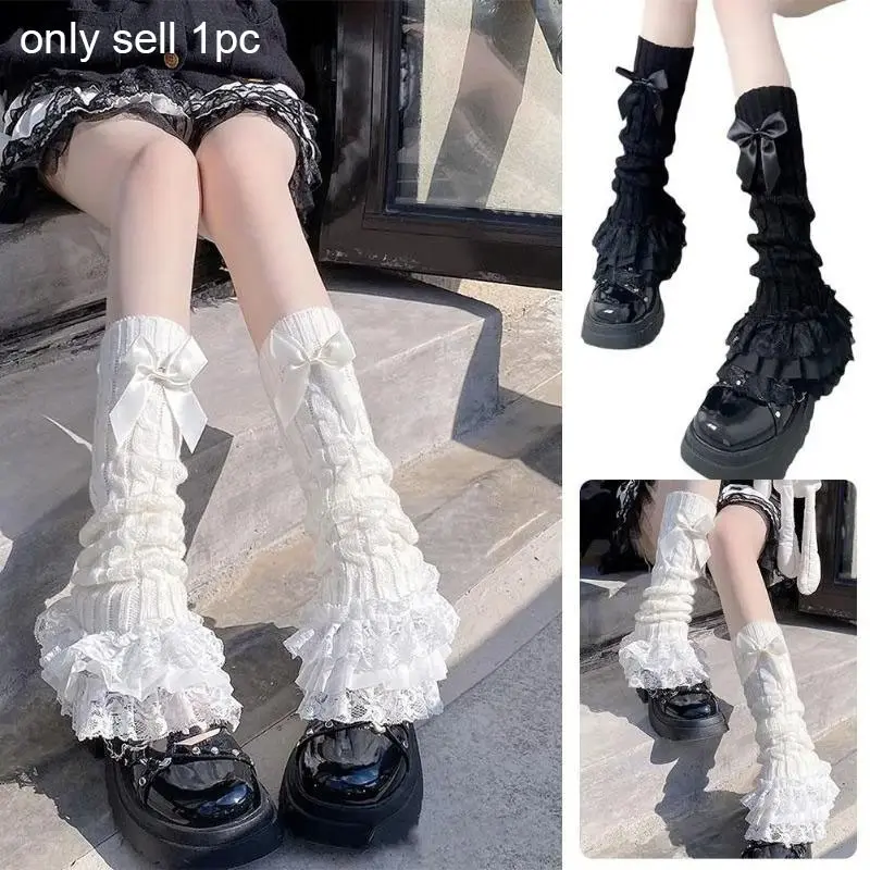 Japanese-Styles Women Knitted Leg Warmer Bow Tiered Ruffled Socks Girl Lace Lolita Socks Calf T-shaped Lace Leg Horn Warmers Women Cute Textured Socks