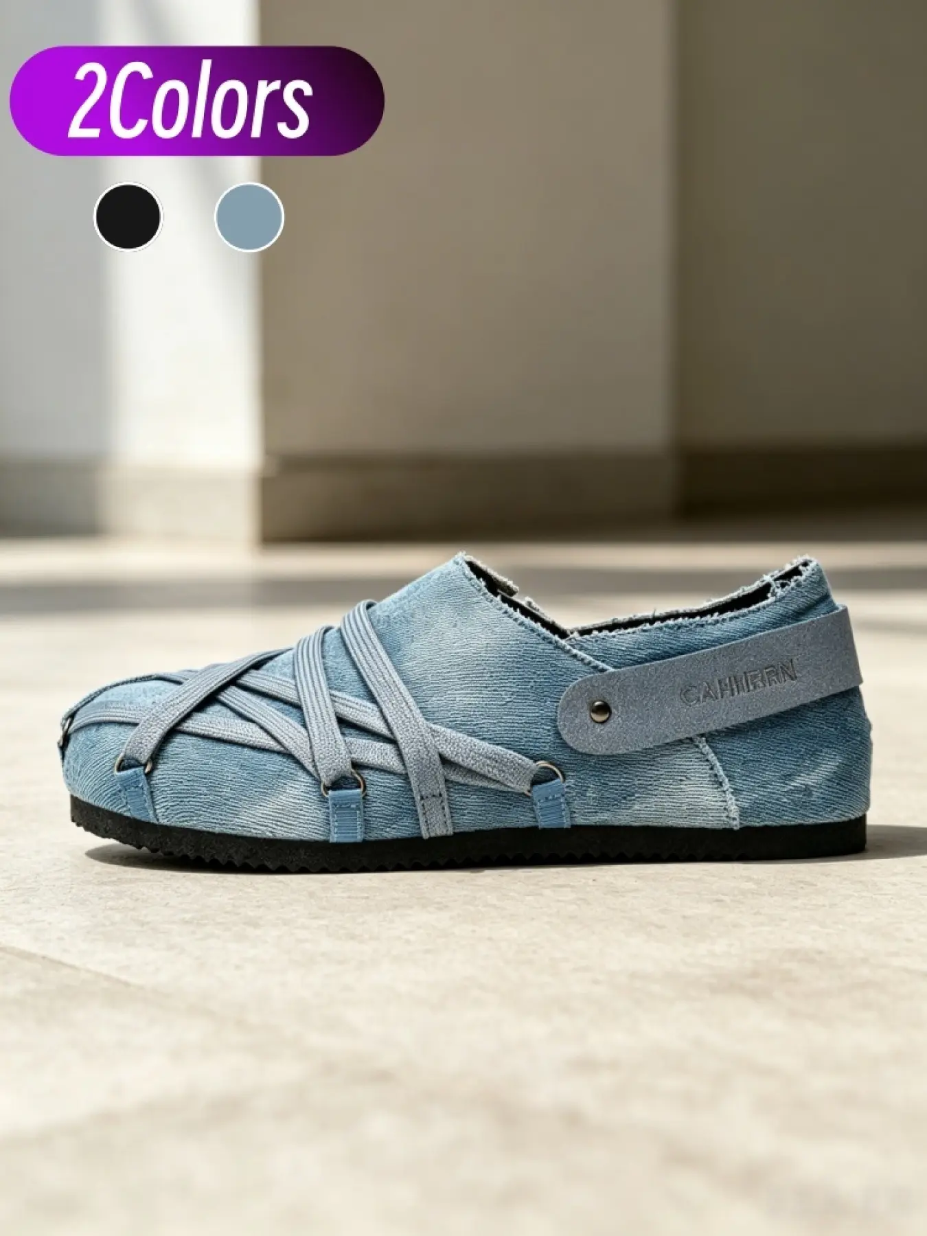 Trendy unisex denim half slides Slipper Shoes. Deconstructed street look, cross strap slippers detail, breathable lining and slip-resistant sole, ideal for daily outings and relaxation.