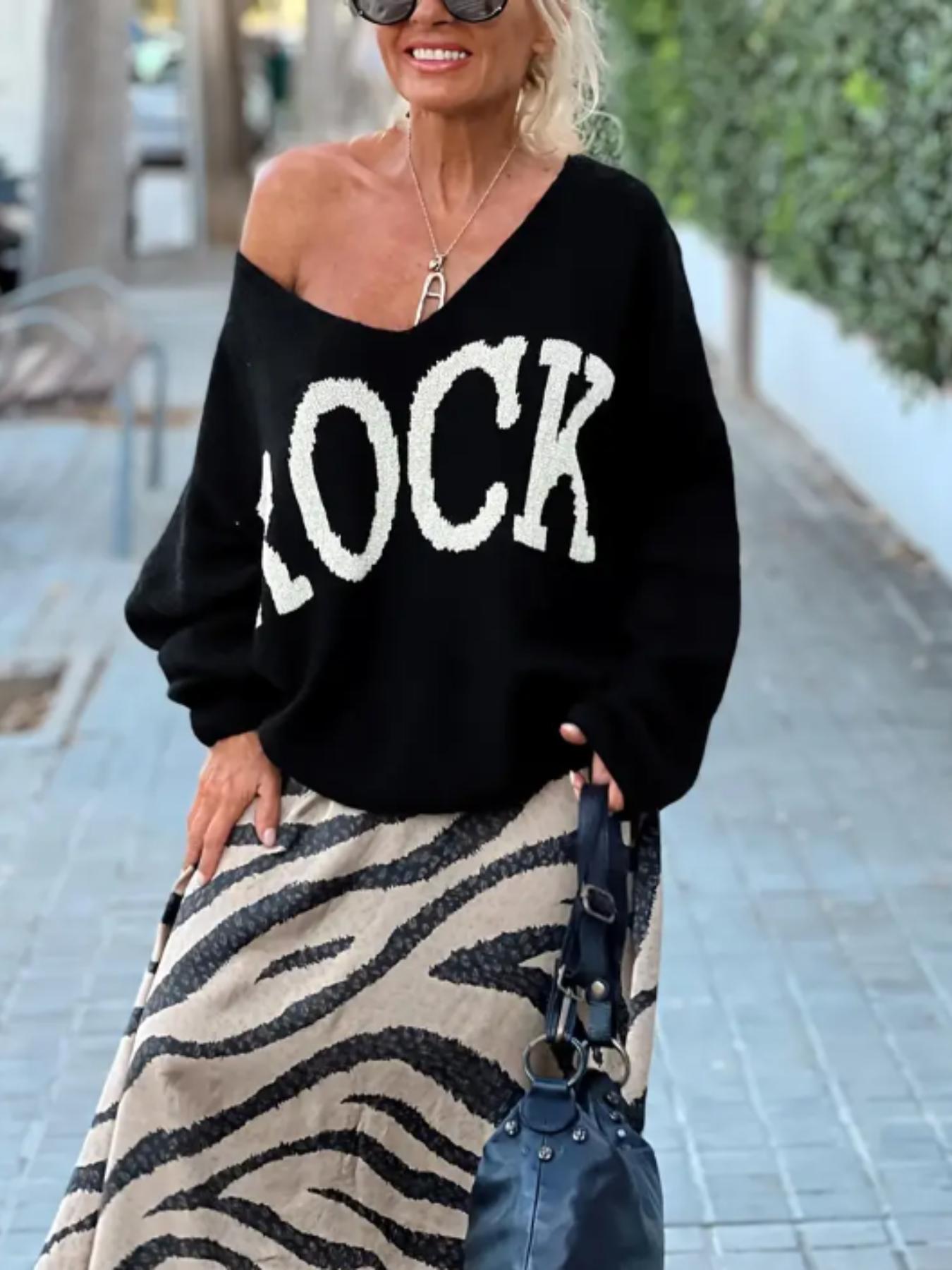 Plus Size Knit Dress with Peace Letter Print, Casual Long Sleeve V Neck Design for Women, Stylish Fashion for Curvy Figures, Fit, Style